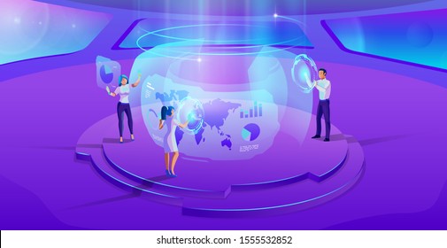 People operates Virtual interface in futuristic office interior open space Ultraviolet Vector illustration. Future Global communication Network technology concept.