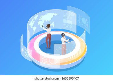 People operating Holographic interface HUD Isometric Flat vector illustration. Virtual Augmented reality Future technology concept.