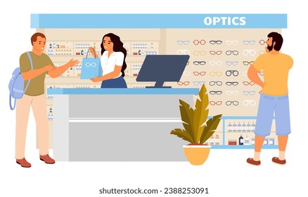 People at ophthalmology store vector illustration. Man customer buying eyeglasses paying for purchases at counter desk. Male visitor waiting for shop assistant in need help to choose optics