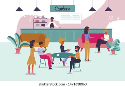 People Order Food, Eat And Drink. Men And Women Visit Dining Room For Rest, Having Lunch And Snack. Cashier At Checkout Counter. Waitress Serving Clients. Canteen Interior. Vector Flat Illustration