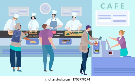 People order fresh Asian food in cafe, lunch menu in cafeteria, sushi canteen, vector illustration. Men and women in cook uniform, client choose fresh seafood meal. Cashier in Oriental restaurant
