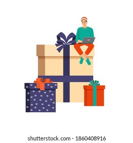 People order gifts on the Internet.Christmas shopping. Online store concept isolated on a white background. Gift packaging and Commerce concept, vector flat design, cartoon character