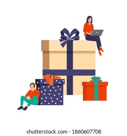 People order gifts on the Internet.Online shopping man and woman. Online store concept isolated on a white background. Gift packaging and Commerce concept, vector flat design, cartoon character