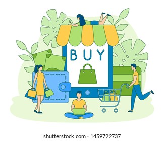 People order online in smartphone, tablet, laptop store. Metaphor purchase, buying payment. E-Commerce banner. Internet Sale modern graphic design poster People flat color creative vector illustration