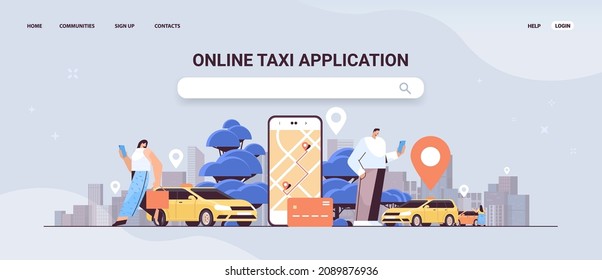 People Ordering Automobile With Location Mark In Mobile App Online Taxi App Transportation Service Concept