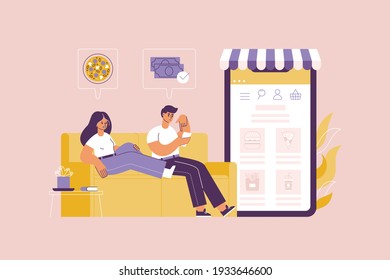 People ordering fast food at home via web application. Female character chooses pizza in online store man pays through Internet banking. Fast food home delivery. Vector flat illustration