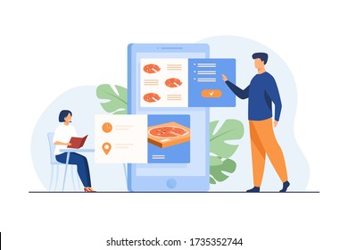 People ordering food in cafe and online. Man using mobile app and choosing pizza for delivery. Vector illustration for application, restaurant service, fast food concept