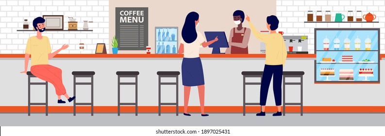 People are ordering food and drink in office canteen. Coffee making equipment. Man is serving visitors. Girl is making an order at checkout. Various types of drinks on the counter of the dining room