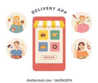 People ordering food with the mobile app. Mobile screens and food icons. flat design style minimal vector illustration.