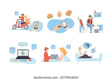People ordering online and giving feedbacks set. Man and woman ordering food. Delivery and shopping by smartphone, laptop flat vector illustration