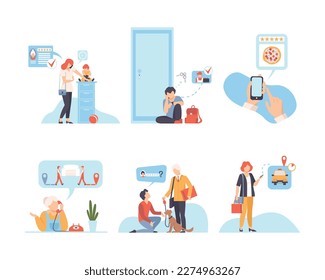 People ordering online and giving feedbacks set flat vector illustration