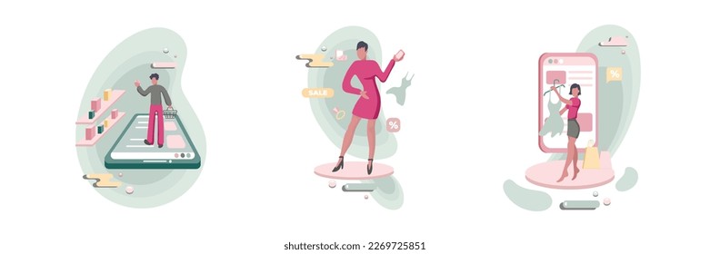 People ordering in online store on smartphone screen color 2d vector graphic. Man walking on giant smartphone isolated flat art. Women buy dresses and jewelry on sale cartoon illustration set