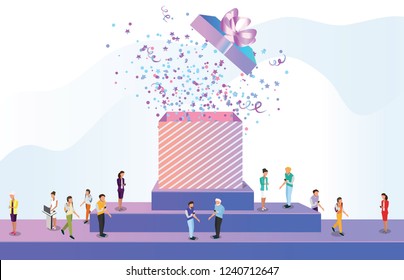 People ordering presents online vector concept. Flat design. Open Gift Box and Confetti. Business people vector characters. Digital marketing banner concept. vector illustration 