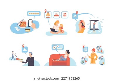 Gente ordenando, comprando bienes. Hombre y mujer dando retroalimentación. Entrega y compra por smartphone, ilustración vectorial plana portátil