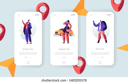 People Ordering Taxi Using Application and Catching on Street Concept for Website or Web Page. Passengers Waiting Yellow Car, Mobile App Page Onboard Screen Set, Cartoon Flat Vector Illustration