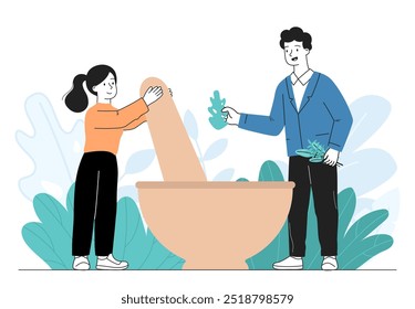 Personas con la medicina orgánica. El hombre y la mujer hacen medicina herbaria. Atención sanitaria y tratamiento. Joven y chica con productos farmacéuticos. Ilustración vectorial lineal aislada sobre fondo blanco