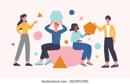 People Organize Abstract Form. Unusual Shapes Of Objects. Young Boys And Girls Working Together On Project. Team Work To Decorate Premises. Flat Cartoon Vector Illustration On Pink Background