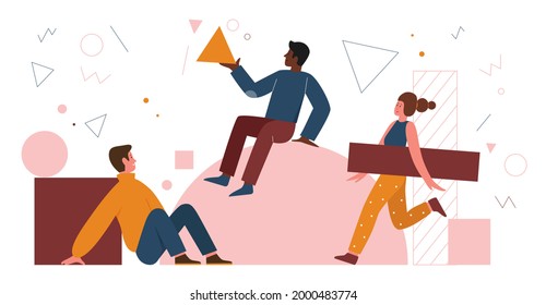 People organize abstract geometric shapes, circle square triangle vector illustration. Cartoon team of man woman characters holding figures, teamwork building project and organization background