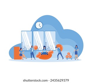 People organize abstract geometric shapes scattered around them. Young men and women collecting figures and organise them. Concept of teamwork. flat vector modern illustration 