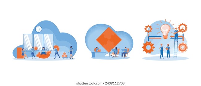 People organize abstract geometric shapes scattered around them. Teamwork office computer. Group of young business people collaborating. Set flat vector modern illustration