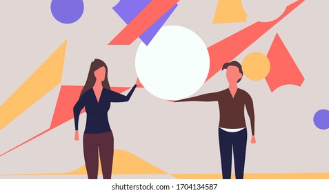 People organize abstract shape vector flat illustration teamwork. Character man and woman work with geometric figure and hold circle. Cooperation idea banner 