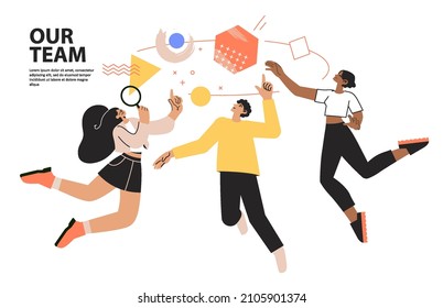 People Organize And Explore Abstract Geometric Shapes And Fly Around Them. Young Man And Women Collecting Figures And Organise Them Solving A Problem. Success Teamwork Collaboration, Coworking Concept