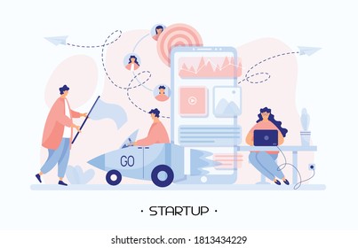 People organize a new startup company and developing a mobile application. Girl search for investors to advertise the app and attract investment. Development innovation product. Vector illustration.