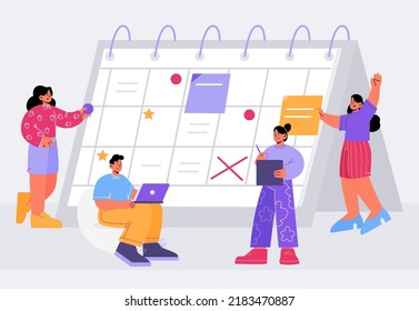 People organize work with calendar, agenda schedule. Vector flat illustration of time management, business plan. Men and women employees mark events, tasks and routines on daily planner