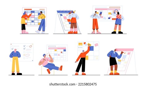 People organize work, planning tasks with calendar and checklists. Concept of agenda, business management, routine schedule. Diverse persons with task boards, vector flat illustration