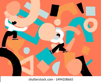 People Organizing Abstract Geometric Shapes. Bundle Of Young Men And Women Collecting Figures. Concept Of Teamwork. Flat Vector Illustration In Contemporary Style. Teamwork And Organization Concept. 