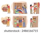 People Organizing And Sorting Clothes In Wardrobes And Drawers. Characters Folding, Hanging, And Arranging Clothing Items, Highlighting Domestic Chores And Tidy Living Spaces. Vector Illustration