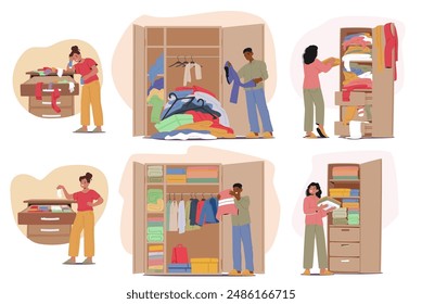 People Organizing And Sorting Clothes In Wardrobes And Drawers. Characters Folding, Hanging, And Arranging Clothing Items, Highlighting Domestic Chores And Tidy Living Spaces. Vector Illustration