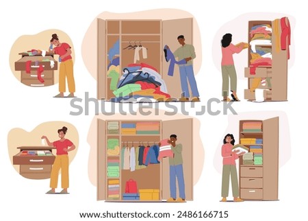 People Organizing And Sorting Clothes In Wardrobes And Drawers. Characters Folding, Hanging, And Arranging Clothing Items, Highlighting Domestic Chores And Tidy Living Spaces. Vector Illustration