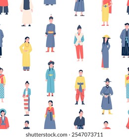 People oriental style. Men women wear asian traditional dresses and costumes. Seamless pattern with national wearing, vector background