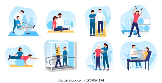 People in orthopedic therapy rehabilitation. Therapists character working with disabled patients, rehabilitating physical activity, physiotherapy. Set of flat cartoon vector illustrations - Shutterstock ID 1909064194