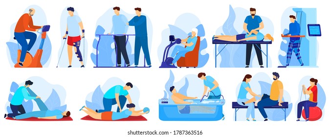 People in orthopedic therapy rehabilitation vector illustration set. Cartoon flat therapist character working with disabled patient, rehabilitating physical activity, physiotherapy isolated on white