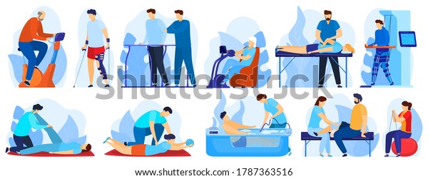 People in orthopedic therapy rehabilitation vector\
illustration set. Cartoon flat therapist character working with\
disabled patient, rehabilitating physical activity, physiotherapy\
isolated on white