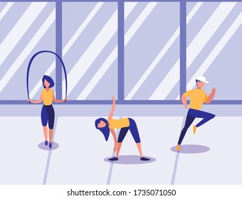 people out doing home workout vector illustration design