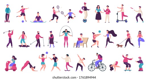 People outdoor activities. Active, healthy lifestyle, jogging, running, roller skates, bicycle and rollerblading vector illustration icons set. People activity outdoor, yoga volleyball and golf