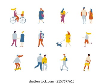 People outdoor activities flat vector characters silhouette. People riding scooter, rollers, skate, bike, skateboard, jogging, walking with dog.