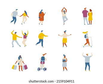 People outdoor activities flat vector characters silhouette. People riding scooter, rollers, skate, bike, skateboard, jogging, walking with dog.