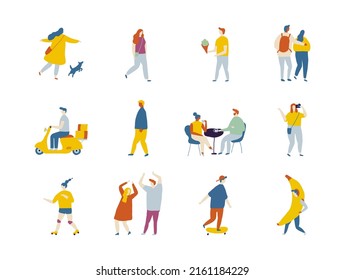 People outdoor activities flat vector characters silhouette. People riding scooter, rollers, skate, bike, skateboard, jogging, walking with dog.