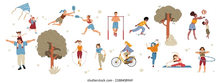 People outdoor activities, men, women, family characters playing badminton, kite, do sports and yoga exercises, riding skateboard and bicycle, parents fun with kids, Line art flat vector illustration