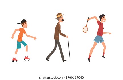 People Outdoor Activities Set, Men of Different Ages Playing Badminton, Skateboarding and Walking Cartoon Vector Illustration