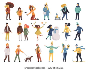 People outdoor activities in winter and autumn seasons set. People wearing warm clothes walking, skiing, skating and making snowman vector illustration