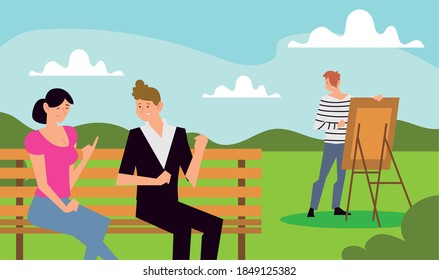 people outdoor activity, couple on bench and man painting vector illustration