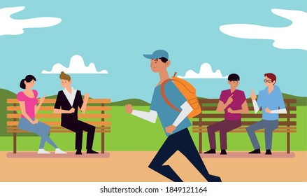 people outdoor activity, persons talking on bench park and man running vector illustration