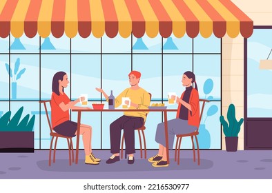 People in outdoor cafe. Man and woman sitting at table eating French fries and drinking beer. Friends communicating and spending time together. Youth having rest in cafe vector illustration