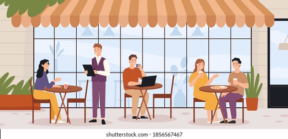 People In Outdoor Cafe. Restaurant Street Patio With Sitting Man And Woman With Lunch And Coffee. Summer Bistro Outside Scene Vector Concept. Illustration Restaurant Street, Summer Bistro Outside