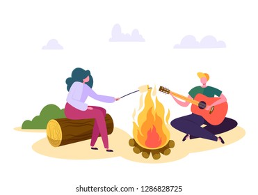 People Outdoor Camping Forest Nature at Fire. Man Play Guitar, Woman Roast Marshmallow Over Fireplace. Family Park Weekend Adventure Hiking. Couple Character Vacation Flat Cartoon Vector Illustration